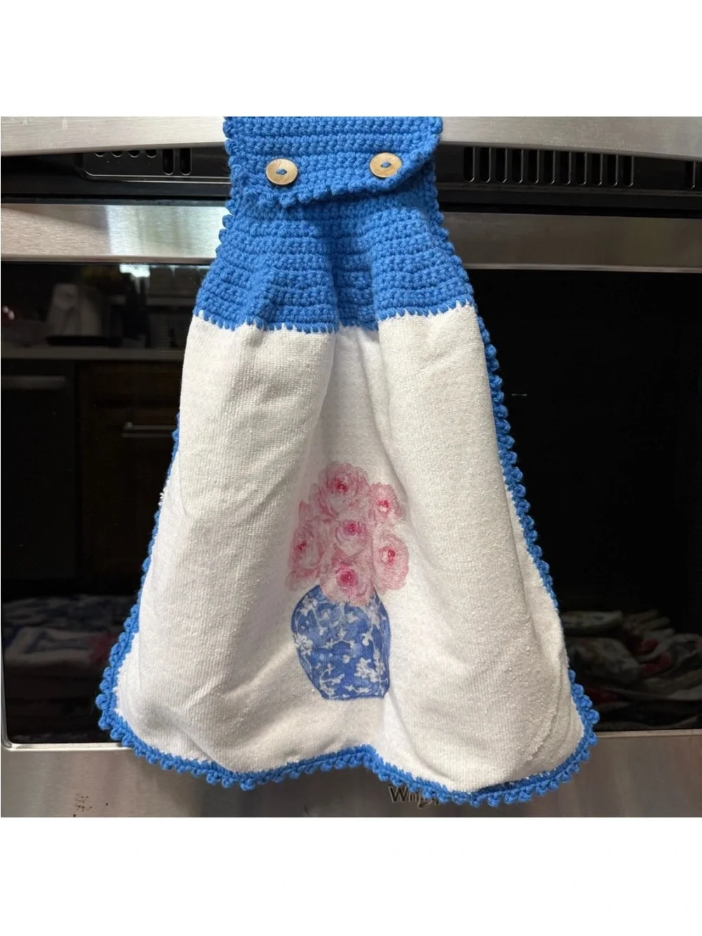 Handmade Crochet Hanging Kitchen Towel Chinoiserie Blue White Roses